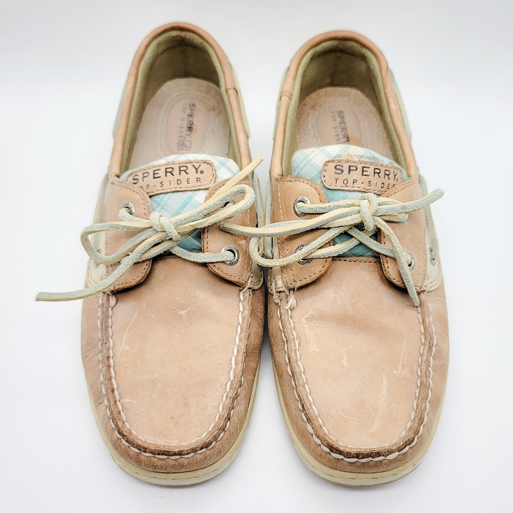 SPERRY Slip On Boat Shoes Leather Top-Siders With Blue Plaid